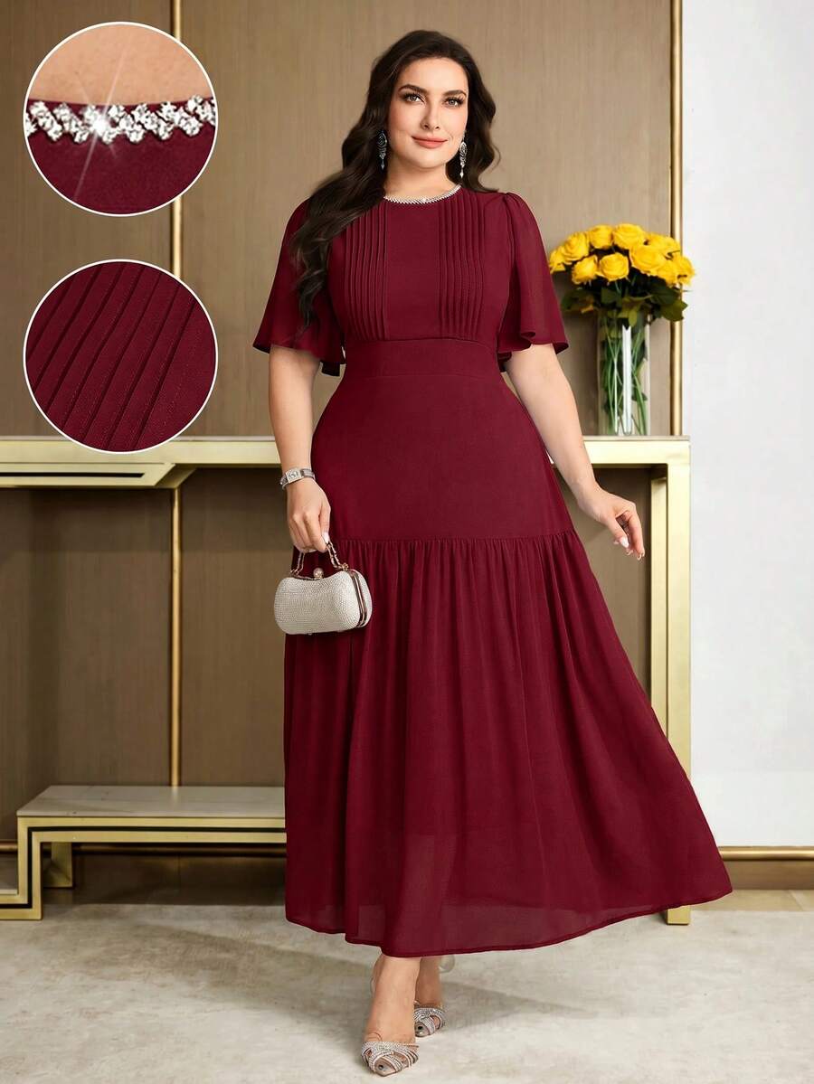 Modelyn Plus Size Solid Color Rhinestone Decor Round Neck Elegant Short Sleeve Dress, Summer Wedding Burgundy - Burgundy - View 1
