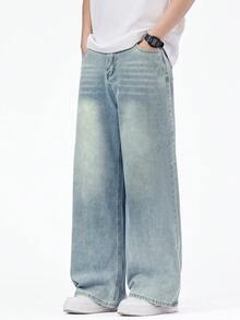 SHEIN Genkimix Kids 休閒寬鬆直筒水洗灰色牛仔褲，四季百搭，適合青少年與年輕男性，秋季穿搭 - 中等水洗藍 - 查看 5