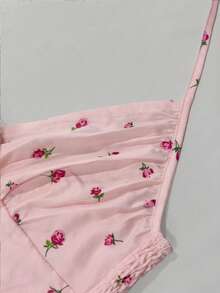 Sunnyshic Floral Print Chest Ruched Cinched Waist Neck Ruffle Hem Short Dress - Multicolor - View 4