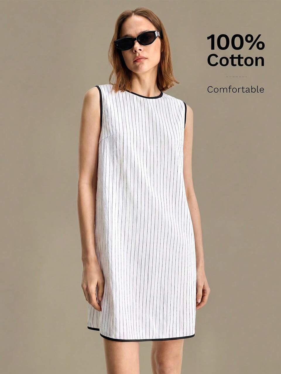 Women's Black And White Striped Mini Dress, Loose A-Line Summer Dress,Effortless Chic Shell Button Urban Chic Style For Brunch & Vacation