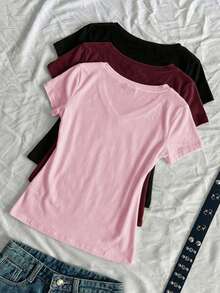 SHEIN EZwear 3件組女款夏季V領修身T恤 龐克次文化動漫風 素色基礎款 短袖修身 日常居家休閒 淺粉色、酒紅色、黑色 - 彩色 - 查看 2