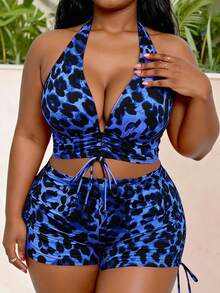 Slaydiva Plus Size Women Leopard Print Random Pattern Deep V Neck Drawstring Ruched Halter Top Paired With High Waist Drawstring Shorts, Summer Beach Sexy - Multicolor - View 3