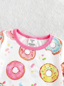 SHEIN 4pcs Young Girl Knitted Cute Donut Pattern Round Neck T-Shirt & Leggings Homewear Set - Multicolor - View 6