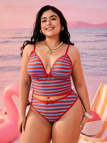 Swim Mod Plus Size Women 2-Piece Light Blue Striped Bikini Swimsuit,Summer Comfy Beach Holiday Vacation Modest Bow High Waist High Leg Opening Set - Red - View 6