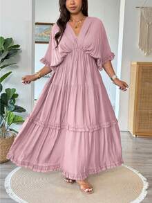 Vionelle Plus Size Solid Color Boho Ruffle Trim Regular Dress, Spring/Summer Vacation Dusty Pink - Pink - View 4