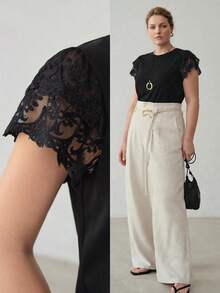 MOTF PREMIUM PLUS SIZE ELEGANT LACE EMBROIDERY SPLICE SEMI-SHEER SLEEVE DETAIL COTTON WOMEN BLACK SHORT SLEEVE TOP - Black - View 6