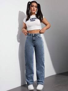SHEIN EZwear Quần Jeans Ống Rộng Đơn Giản Cho Nữ - Màu xanh lam - Xem 6