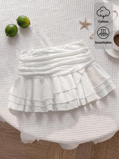 Elamini Women's Cotton Elegant Ruffle Hem Mini Skirt, Vacation Style Summer Skirt, White