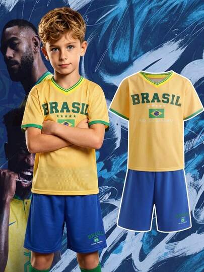 2pcs Kids/Tween Boys' Casual School Print Pattern Crew Neck Loose Short Sleeve T-Shirt, Brazil Soccer Jersey