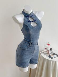 SHEIN Rompi Denim Gaya Cina untuk Wanita - Biru - View 5