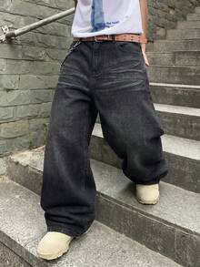 青少年男孩時尚休閒復古街頭黑色寬鬆牛仔褲，適合電音派對穿搭、音樂節街頭風 - 黑色 - 查看 1