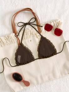 Elavelle Top de bikini de tela jacquard con escote halter para mujer, primavera/verano - Marrón - Ver 3