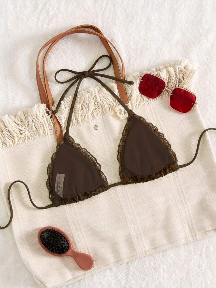 Elavelle Women's Jacquard Fabric Halter Bikini Top, Spring/Summer - Brown - View 3