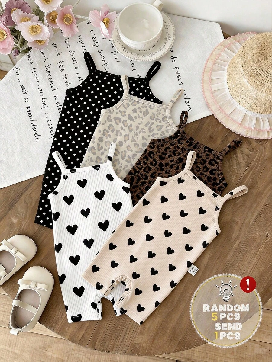 SHEIN LMoss Kids 【隨機6件,發貨1件】復古甜美黑白對比條紋、迷你碎花印花圖案、復古美拉德棕豹紋波點圖案、Chill Chill、嬰兒與女嬰圖案,女嬰休閒吊帶連身褲,適合春夏 - 彩色 - 查看 1