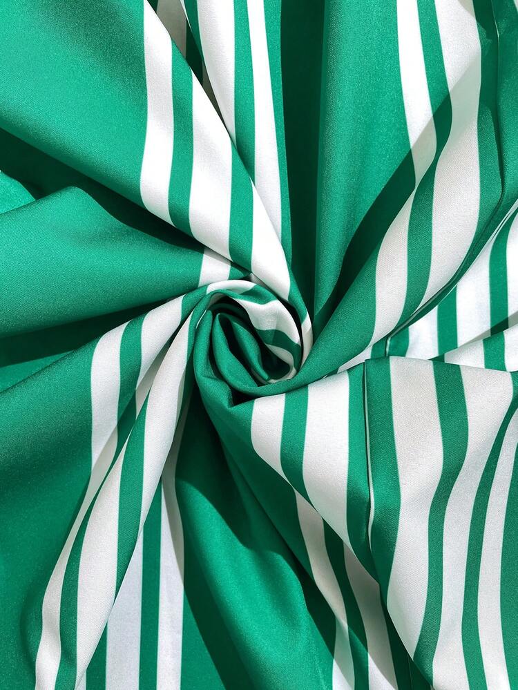 Plus Size Summer Vacation Striped Lapel Mid-Sleeve Dress