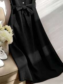 Franclia Elegant Linen Polo Collar Slimming Dress - Black - View 5