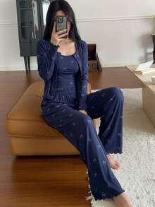 DAZY 3pcs Bow Print Allover Allover Print Camisole And Pants Women Pajama Set - Navy Blue - View 4