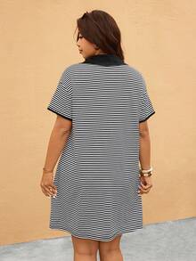 Elaquor Plus Size Casual Striped Dress Casual Going Out Dress Casual Vacation Dress Casual Daily Home Wear Dress For Women - Black and White - View 2