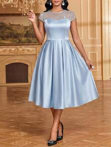SHEIN Lady Women's Elegant Short Sleeve Mid-Length Mesh Patchwork Rhinestone Decor Dress Dinner Date Light Blue Summer - Lake Blue - View 3