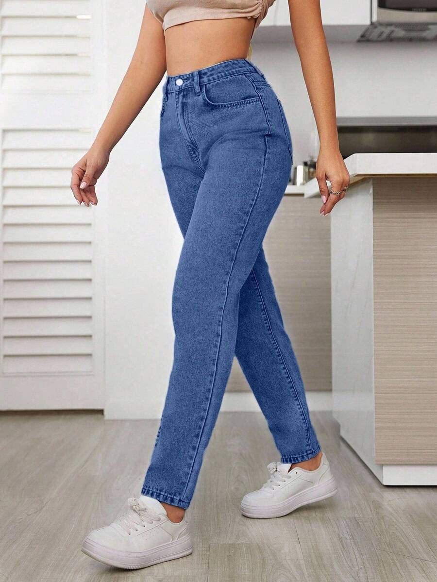 SHEIN ICON 大码女式宽松浅色水洗牛仔裤,带口袋 - 中等水洗藍 - 查看 1