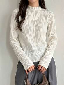 DAZY Frill Neck Keyhole Back Tee,Fall Clothes Long Sleeve Women Tops - Beige - View 10