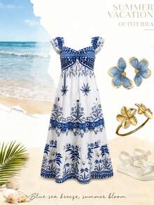 Ellevyn Women's Palm Tree Print Cap Sleeve Dress, Vacation Style - Blue and White - View 4
