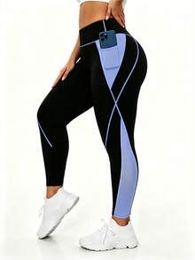 SHEIN Rhythm Era Leggings ajustados de cintura alta con bolsillos y contraste de color para tallas grandes - Multicolor - Ver 1
