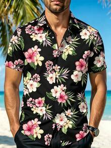 VIVINTIMO Men's Casual Vacation Floral Print Shirt - Black - View 4