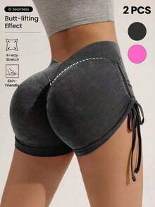 SHEIN Pantalones cortos deportivos sin costuras con estiramiento alto, levantamiento de glúteos y cordón lateral - Multicolor - Ver 4