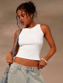 Athîral Áo tank top nữ cổ tròn, màu trơn, chất liệu gân, kiểu dáng thường ngày. - trắng - Xem 3