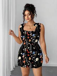 Elenzga Plus Size Floral Print Sleeveless Romper - Black - View 5