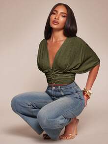 Radiana Women Deep V Neck Batwing Sleeve Cropped Top Elegant Olive Green Blouse,Autumn Top Date Night - Army Green - View 5
