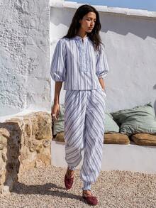 Nöista Striped Two Pieces Set With Ruffle-Front Blouse And Puff Sleeves Matching Balloon Pants Elastic Hems.Perfect For Summer Days, Office Casual, Travel. - Blue - View 6