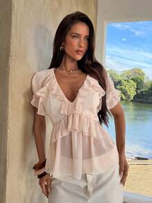 Aloruh Blusa bohemia con volantes para vacaciones de mujer - Marrón - Ver 6