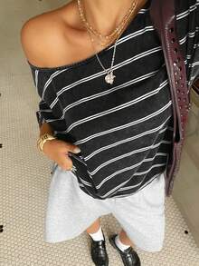 Muchica Plus Size Women Striped Asymmetrical Shoulder Casual Versatile Daily Wear T-Shirt - Dark Grey - View 4