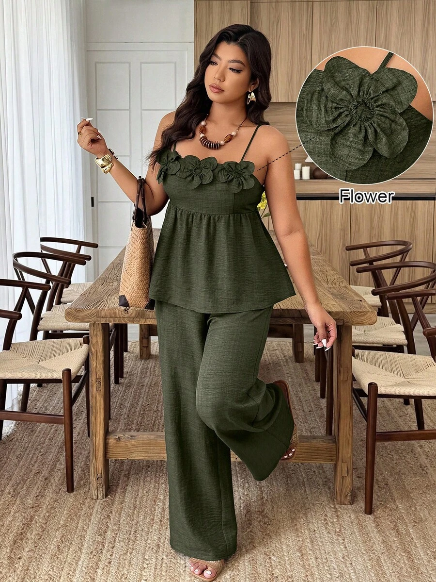 Weeklong Plus Size Women's Casual Camisole & Cinched Waist Floral Decor Two-Piece Outfit, Spring/Summer - Army Green - View 1