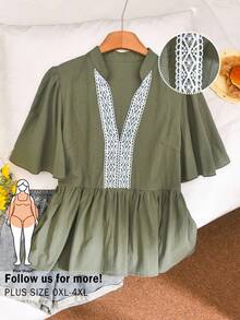 CosyJoli Blusa de manga corta con volantes y encaje en contraste para mujer de talla grande - Verde militar - Ver 1