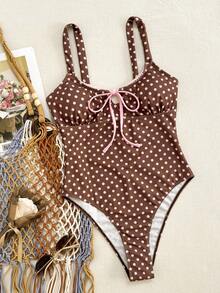 Swim Vcay Retro American Style Brown Base Polka Dot One-Piece Swimsuit, Pink Bow Sexy Babe Hot Spring Resort Swimwear - Multicolor - View 3