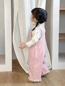 SHEIN Little Byeori 女婴褶皱下摆休闲百搭日常牛仔连体裤 - 粉色 - 查看 3