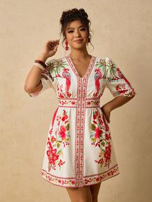Travachic 大码女式V领短袖修身迷你连衣裙，粉色碎花连衣裙，早春海岛度假浪漫约会连衣裙 - 紅色 - 查看 5