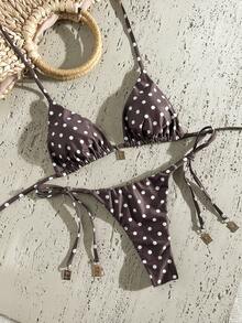 Swim Mod Conjunto de bikini de 2 piezas con tirantes de espagueti, decoración metálica y estampado aleatorio para mujer, ideal para primavera y verano - Multicolor - Ver 2