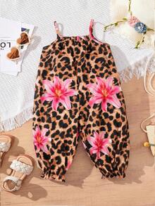 SHEIN Jumpsuit Kasual Bayi Perempuan Motif Leopard dan Bunga Kecil - MultiWarna - View 4