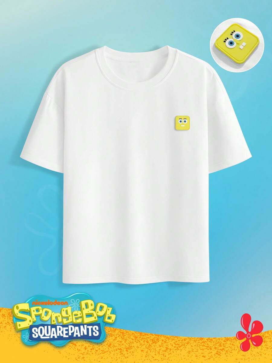 SpongeBob SquarePants | SHEIN Manfinity Hypemode 男士休閒印花圓領短袖T恤,度假風 - 白色 - 查看 1