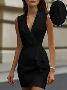 Balvessa Vestido mini de fiesta con cuello en V de unicolor para mujer - Negro - Ver 1