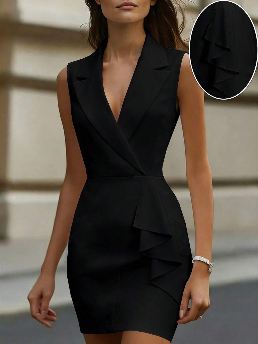 Balvessa Vestido mini de fiesta con cuello en V de unicolor para mujer - Negro - Ver 1