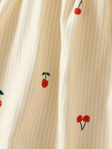 SHEIN 夏季新款新生女嬰甜美可愛公主洋裝，粉白條紋櫻桃印花蝴蝶結裝飾，梭織面料荷葉袖A字裙，常規無刷毛，適合戶外拍照、派對聚會、日常穿著，0-9個月女嬰洋裝 - 黃色 - 查看 6