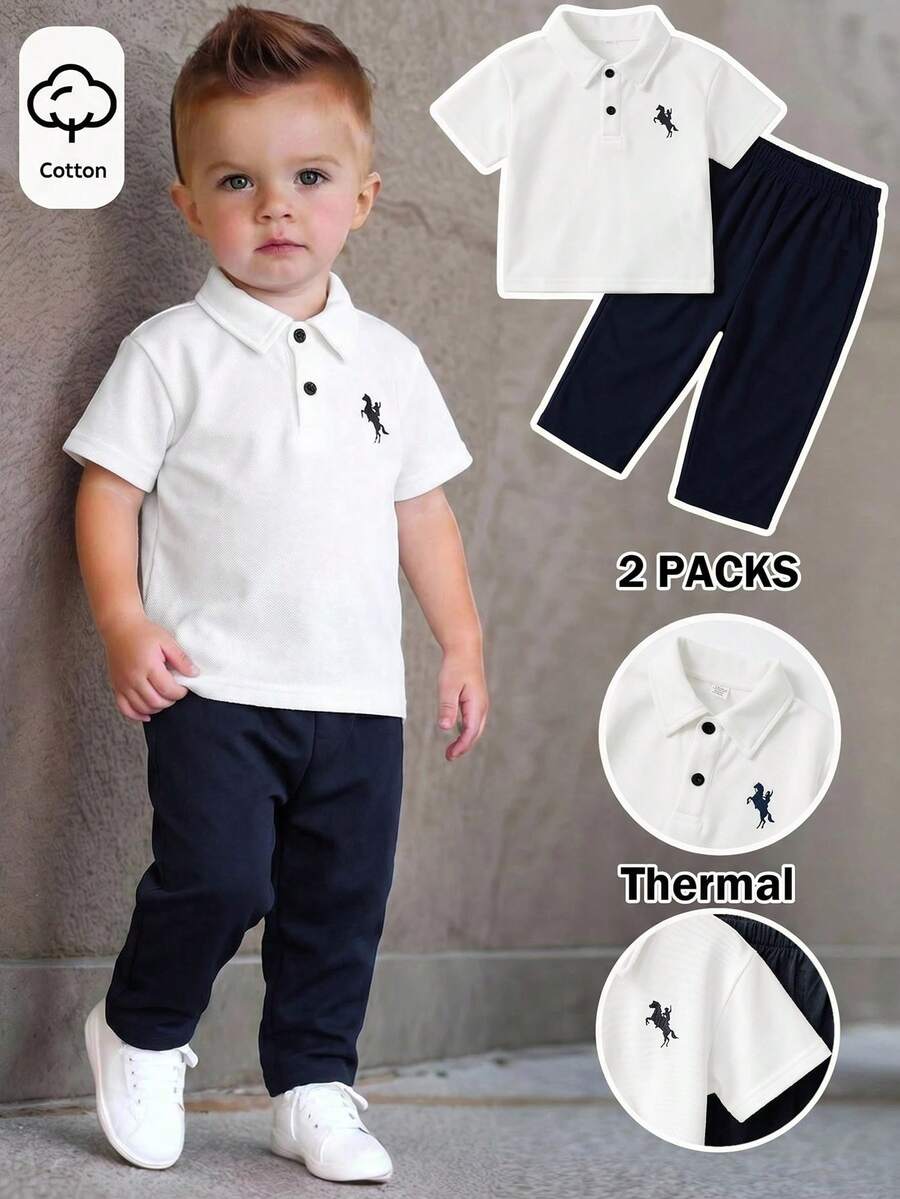 SHEIN Bubblio 2pcs/Set Young Boy Cute Printed Short Sleeve Polo Shirt & Elastic Waist Pants Set,Summer School Casual Outfit For Birthday Party,Wedding,Performance - White - View 1