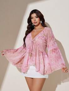 Viva Relle Áo kiểu dáng cỡ lớn chất liệu chiffon in họa tiết nhuộm tie-dye lãng mạn kiểu Pháp, cổ chữ V rộng rãi, tay loe, thoải mái cho những buổi đi chơi mùa xuân/hè. - Hồng - Xem 4