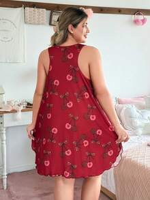 Slumberry CURVE Cute Sweet Cherry Bow Print Loose Fit Plus Size Nightgown Night Burgundy Summer - Burgundy - View 2