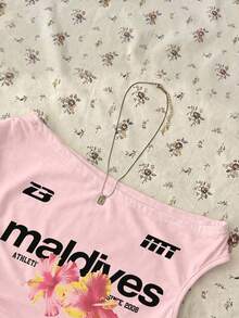 SHEIN Essnce 女款修身不對稱單肩抓皺短版上衣，休閒極簡運動街頭風百搭派對機場穿搭 Y2K 上衣，粉色花卉與英文字母學院風印花圖案，女款外出穿搭，女款夏季穿搭 - 彩色 - 查看 5